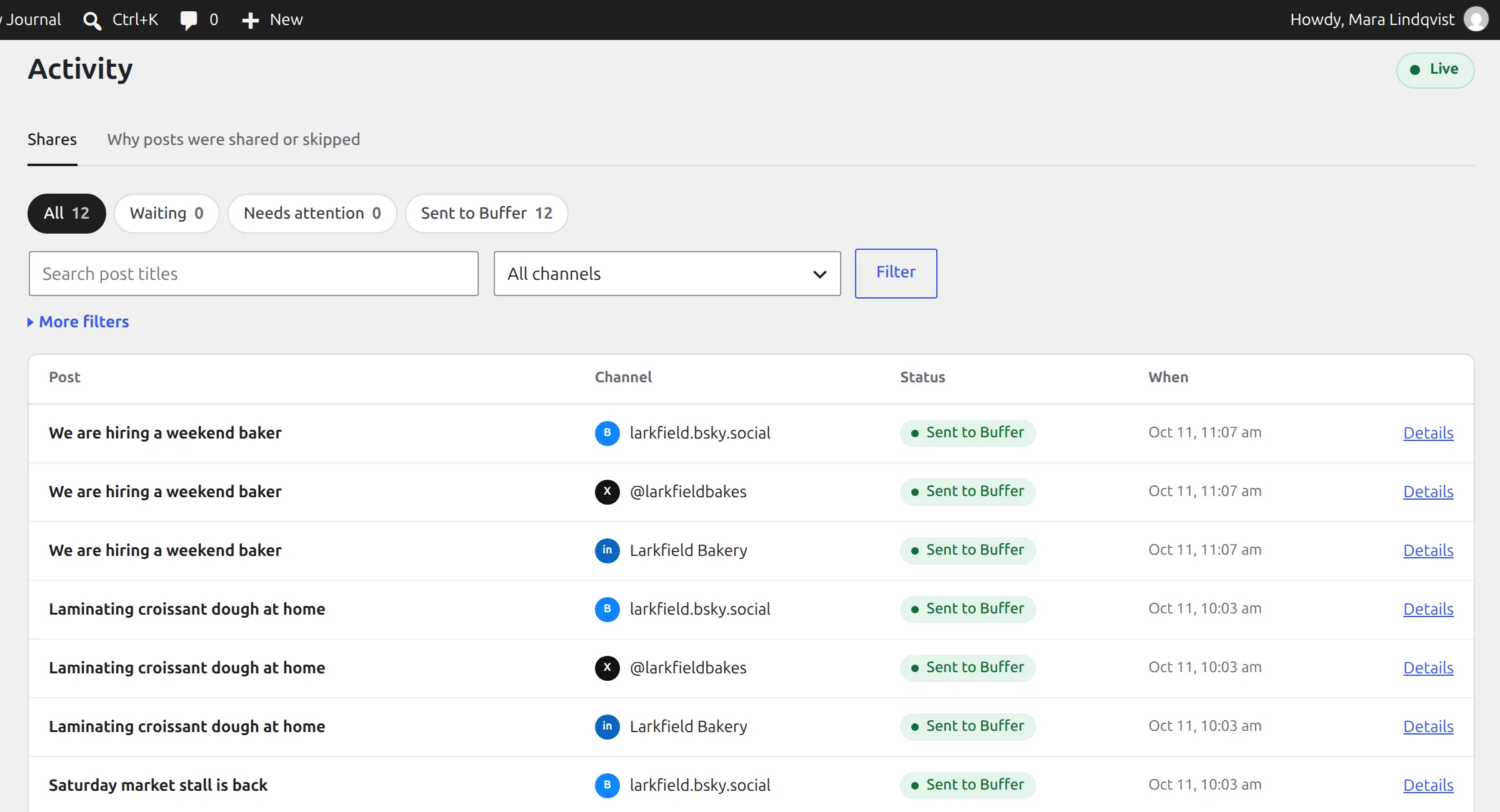 The Activity page with a list of shares and their status