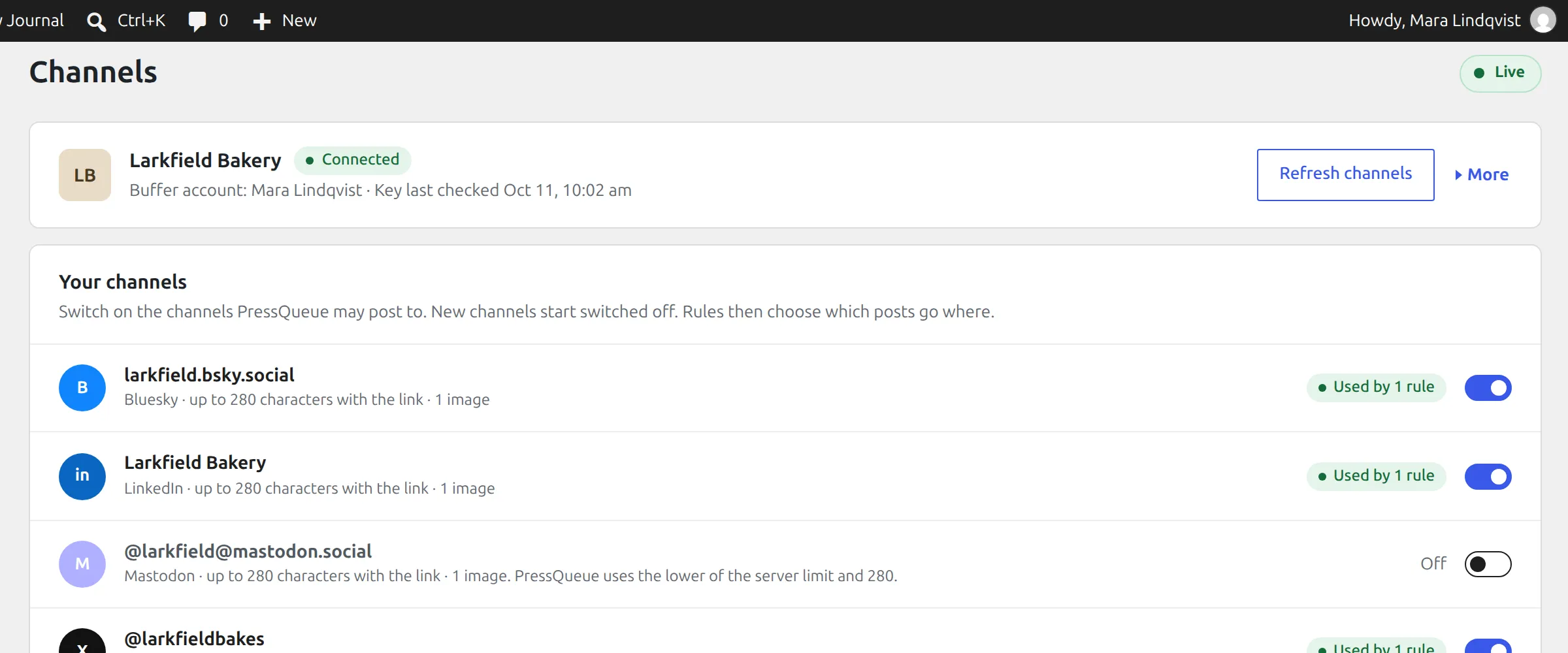 The Channels page with a connected Buffer account and a switch for each channel
