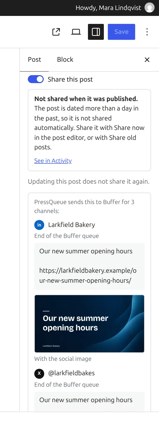 Share now in the block editor, showing the message and image for each channel