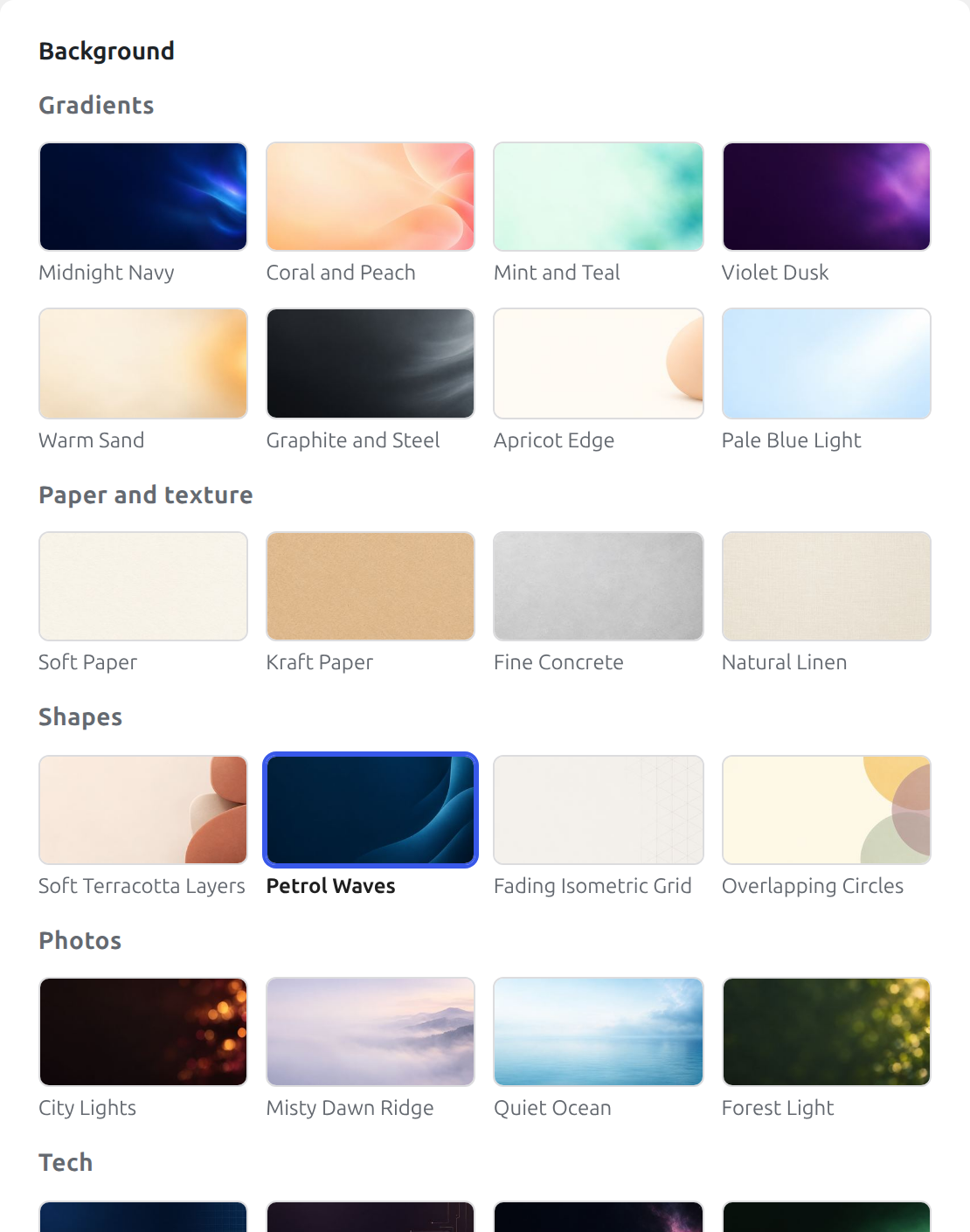 The background gallery in the Social images settings, grouped into gradients, paper and texture, shapes and photos.