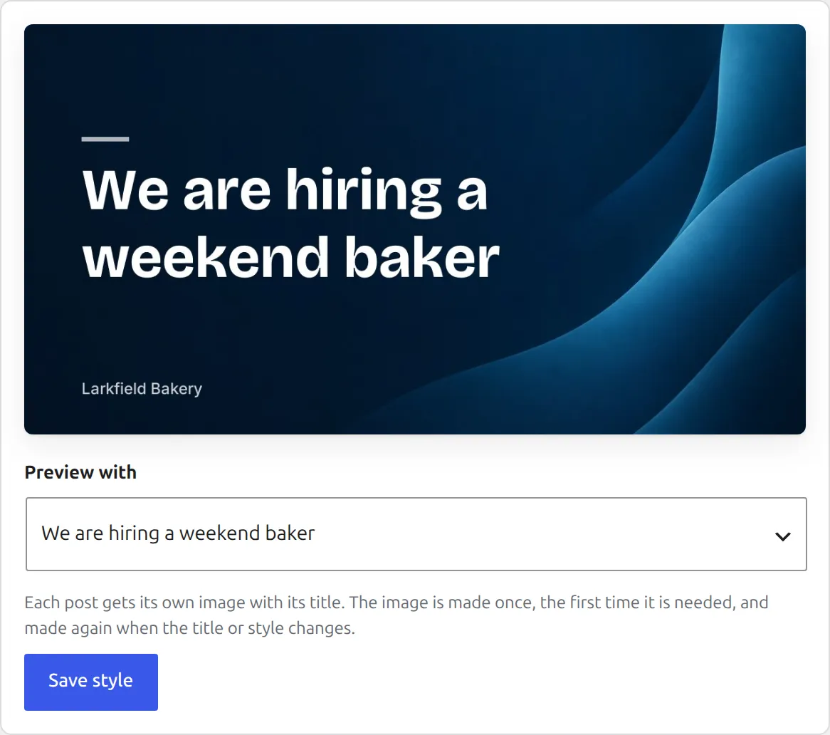 The live preview in the Social images settings, with the post title on the chosen background